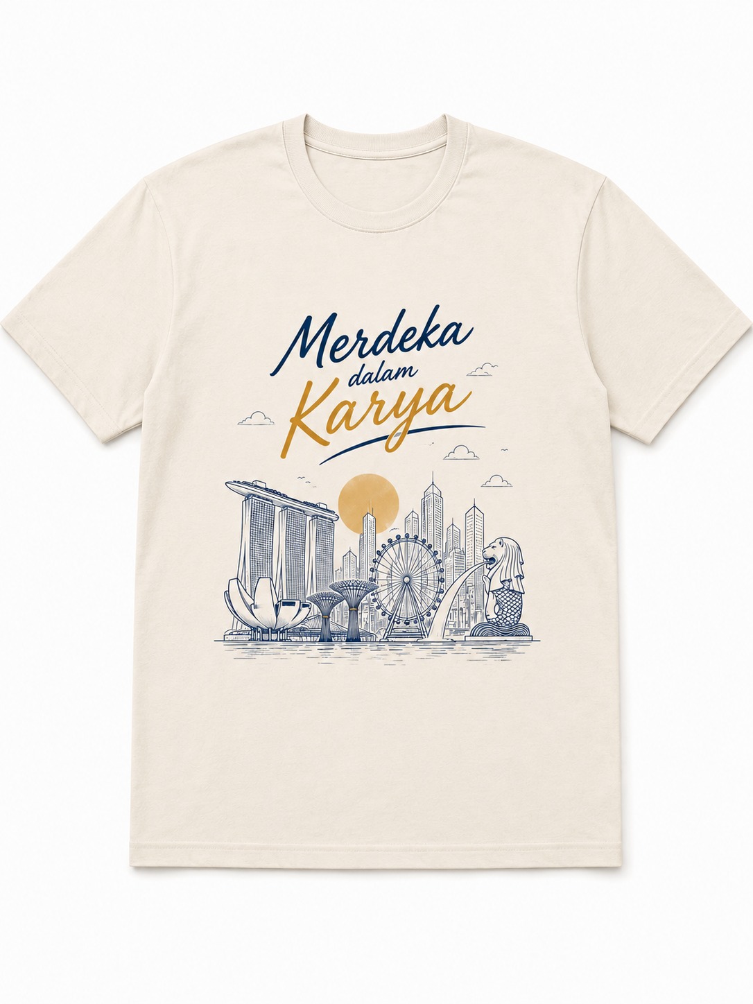 Kaos eksklusif Merdeka dalam Karya bertema skyline Singapura